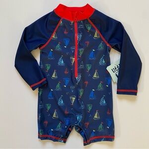 Little Lad Boys Swimsuit Size 18 Months NWT Long Sleeve Blue White Zip Swim New